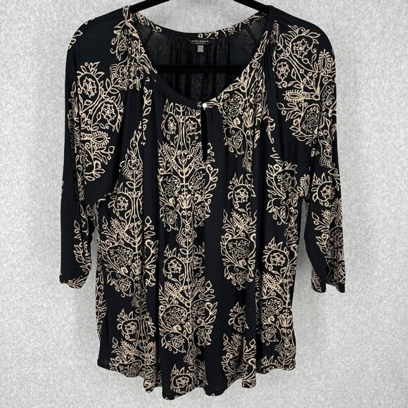 Lucky Brand Boho Tunic Top Blouse Size 3X Black Tan Paisley Print Stretch EUC - Picture 1 of 11